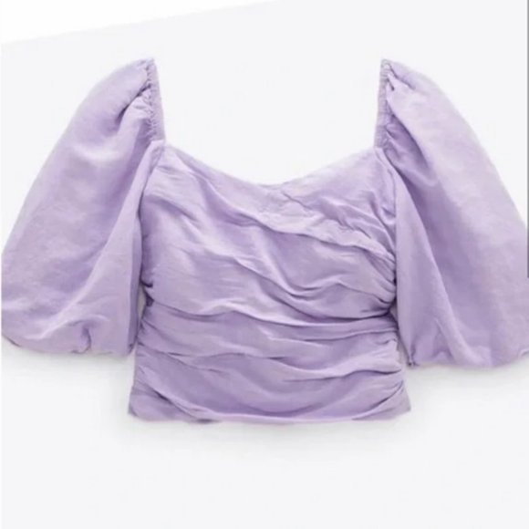 Zara Tops - Zara Violet Draped Puff Sleeve Linen Blend Cropped Blouse